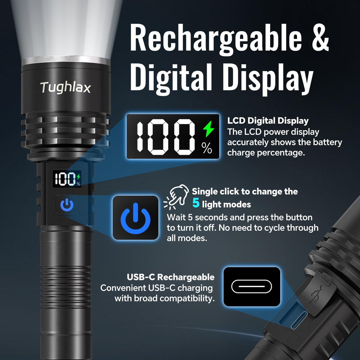 Tughlax flashlight with built-in battery, long-lasting power on adventures.