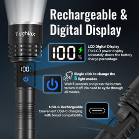 Tughlax flashlight with built-in battery, long-lasting power on adventures.
