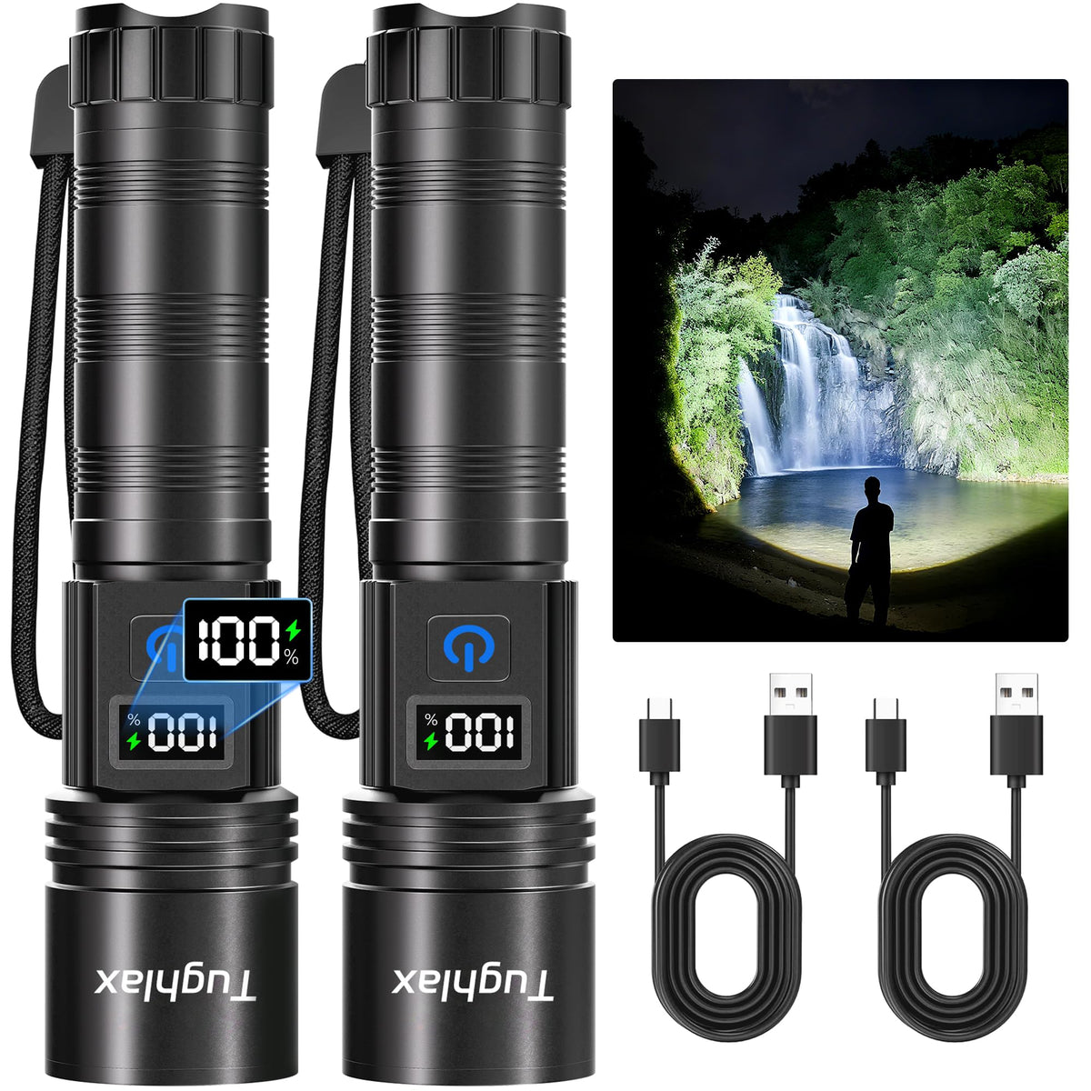 Tughlax dual-pack LED flashlight front view with 9900 lumens for camping and emergencies