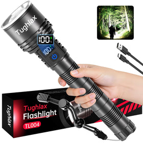 Tughlax rechargeable flashlight front view, rugged build for outdoor use.