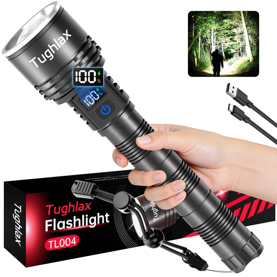 Tughlax rechargeable flashlight front view, rugged build for outdoor use.