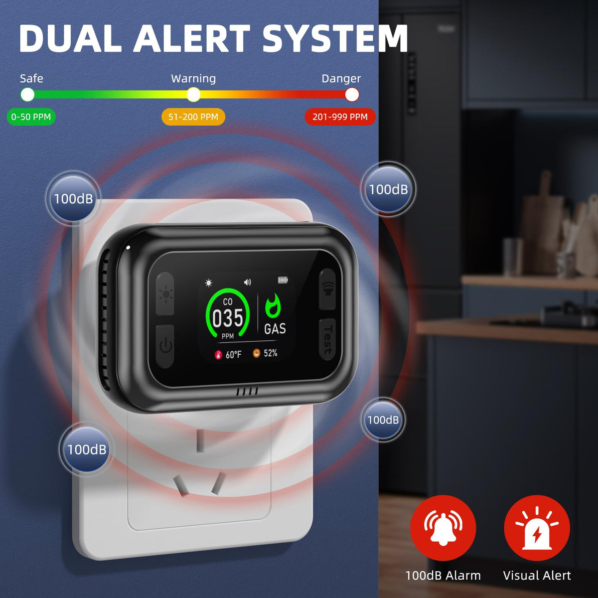 Tuiken natural gas detector in kitchen monitoring gas levels safely