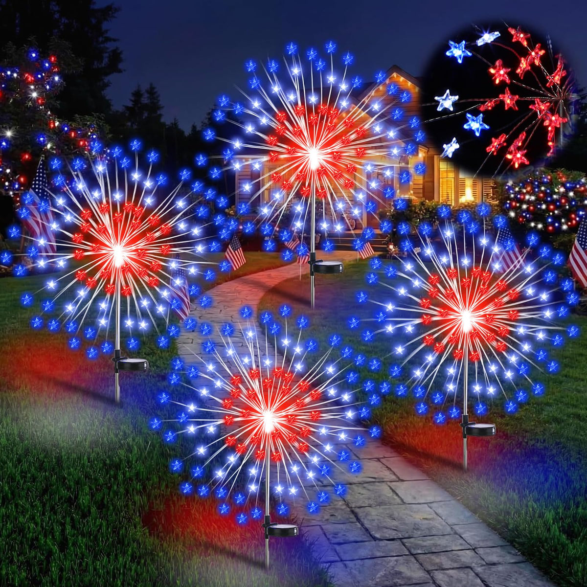 Tujoe 4th of July solar firework lights brighten a garden with star-shaped fireworks.