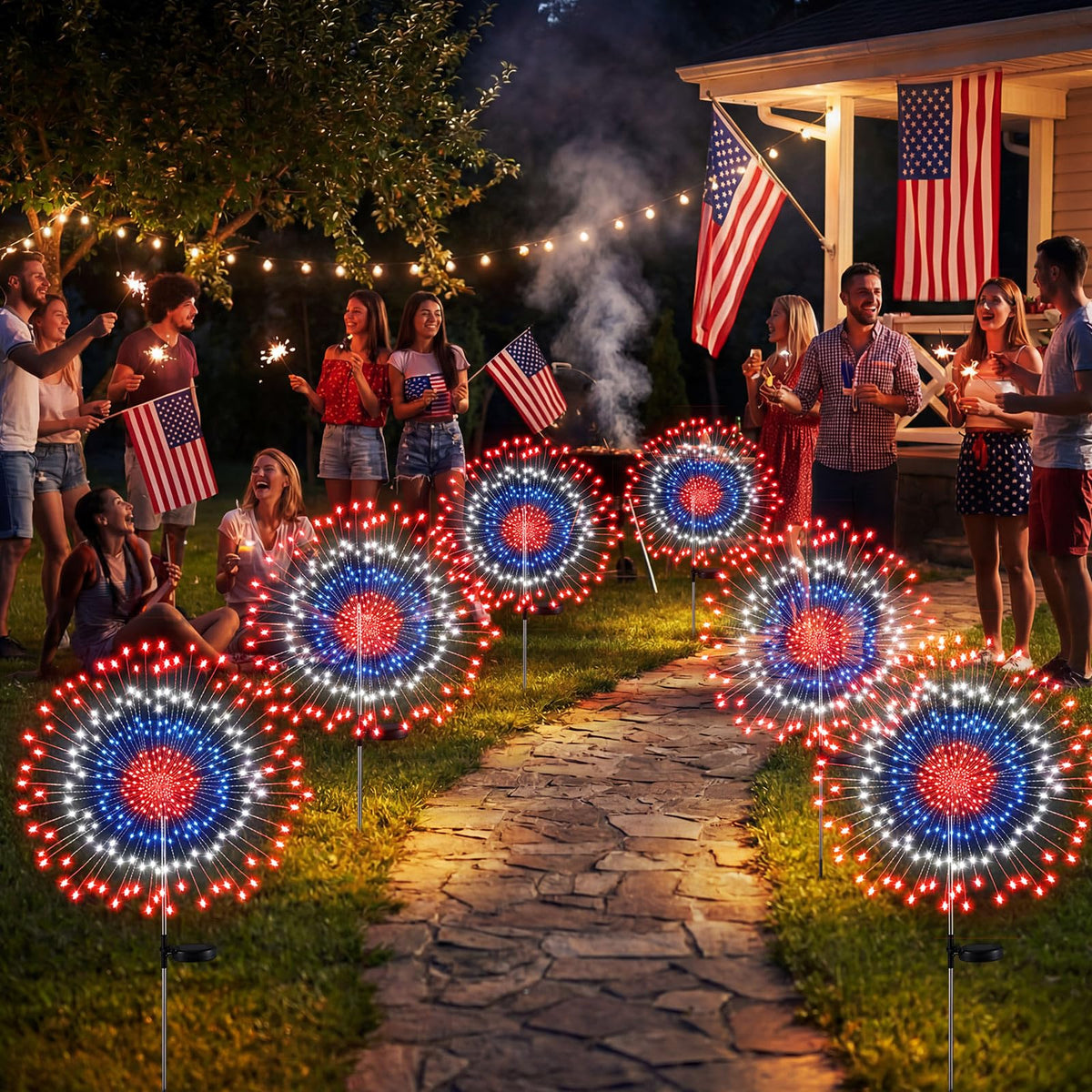 Tujoe Independence Day yard decor with patriotic LEDs.
