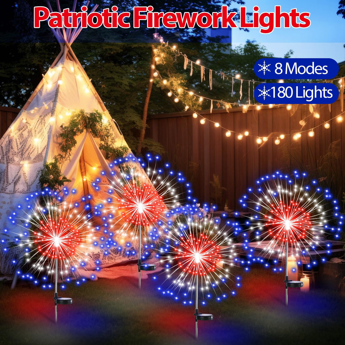 Tujoe solar-powered firework lights charge by day and glow at night