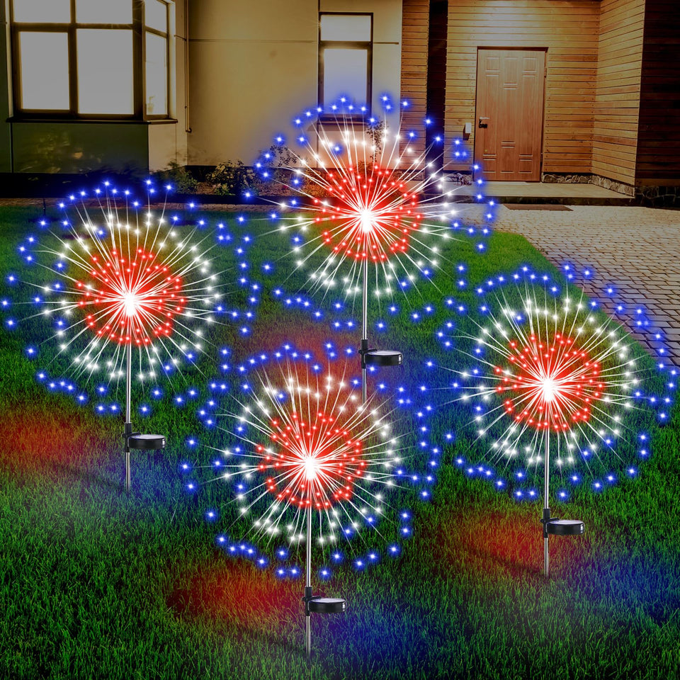 Tujoe patriotic firework lights illuminate the garden at night