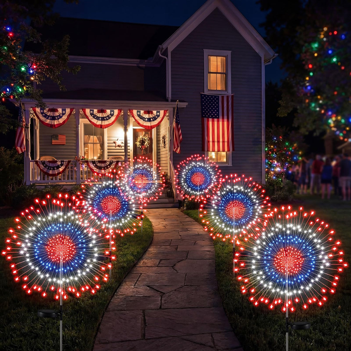 Tujoe patriotic solar firework lights pack bright six-pack outdoor decor.