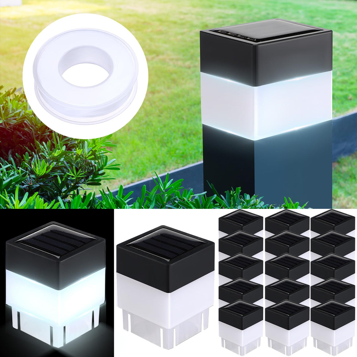 Tujoe solar fence post cap light in white illuminating 2x2 inch posts outdoors
