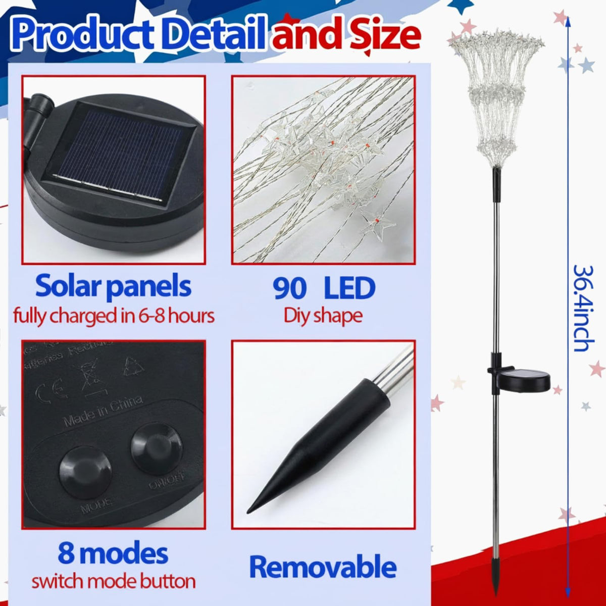 Tujoe star-shaped 90 LED firework light adds festive red, white, and blue glow.
