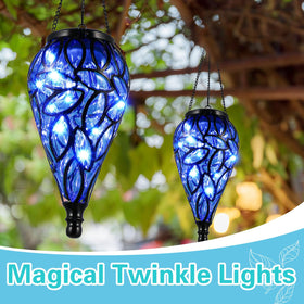 Tujoe tear-shaped blue lanterns add Moroccan flair to patio décor.