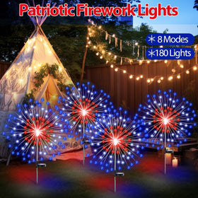 Tujoe versatile outdoor firework lights create a patriotic garden display along a path.