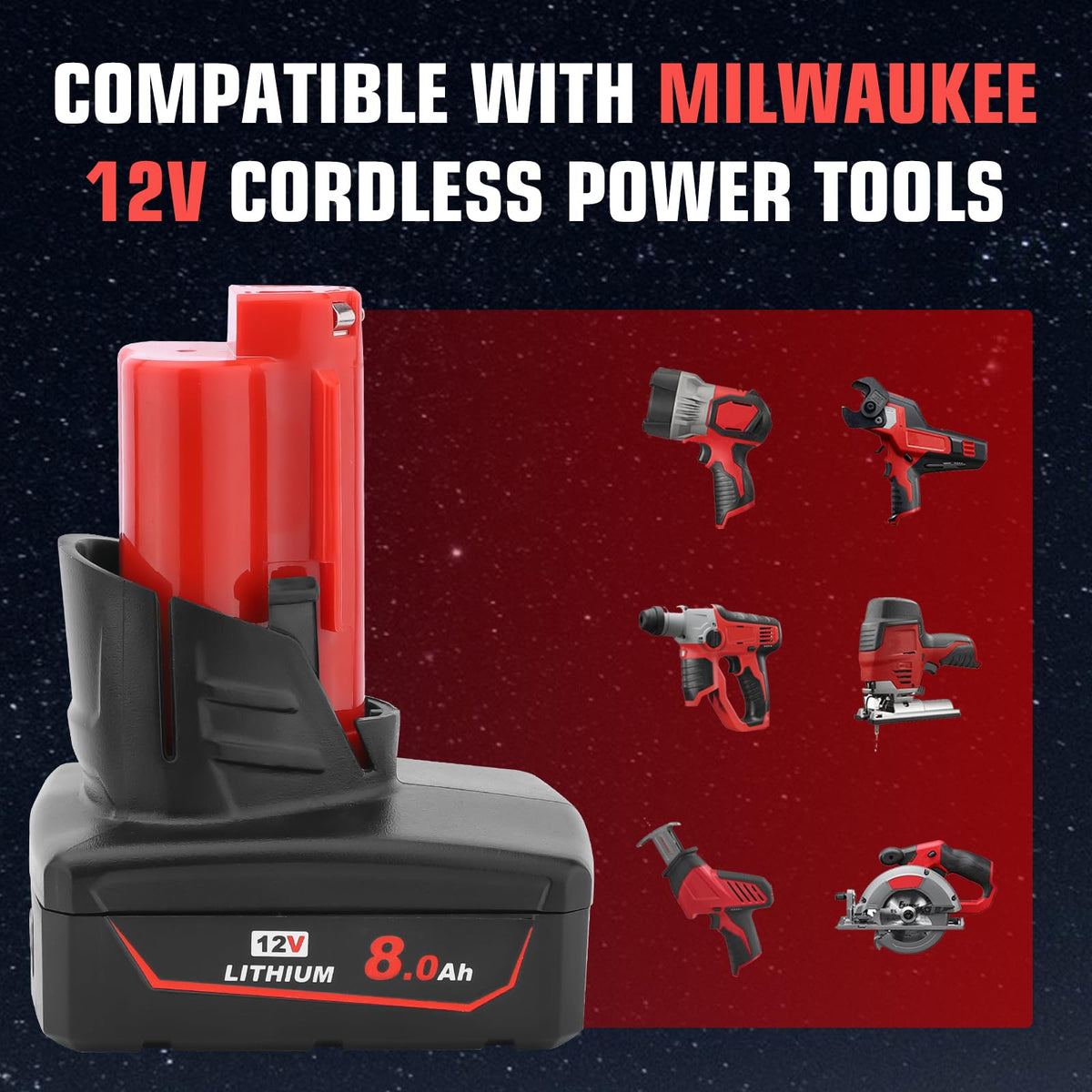 TUKOPK Milwaukee 12V 8Ah battery compatibility image highlights broad tool support