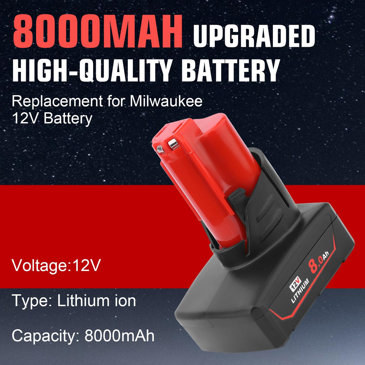 TUKOPK Milwaukee 12V 8Ah battery label close-up with specs and safety