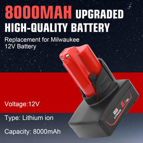 TUKOPK Milwaukee 12V 8Ah battery label close-up with specs and safety