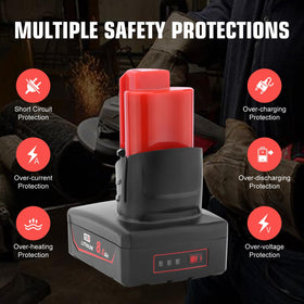 TUKOPK Milwaukee 12V 8Ah battery safety close-up showing built-in protection