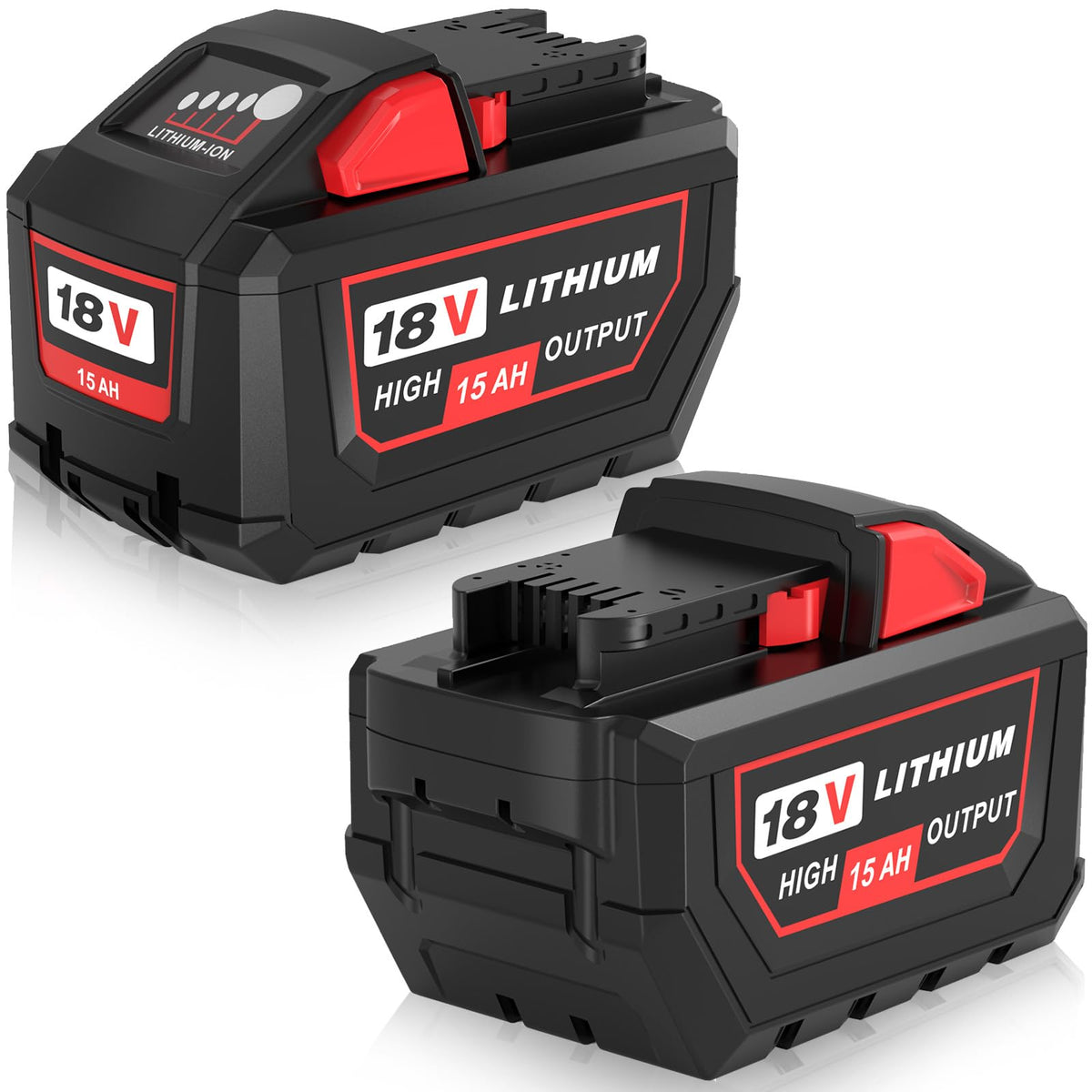 TUKOPK Milwaukee 18V 15Ah battery front view showing ample capacity for extended tool run.