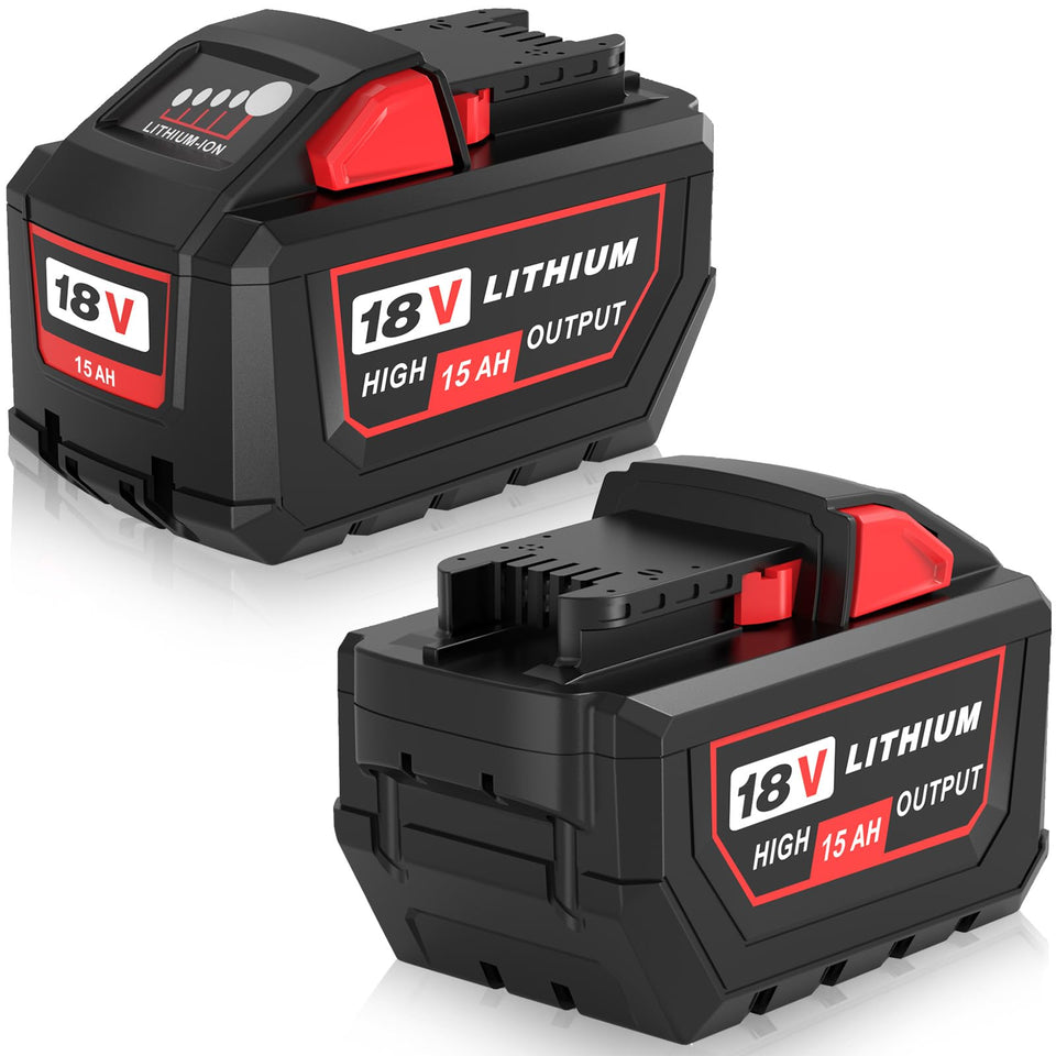 TUKOPK Milwaukee 18V 15Ah battery front view showing ample capacity for extended tool run.