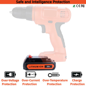 Tulepowceeng 20V battery back view with secure terminals.