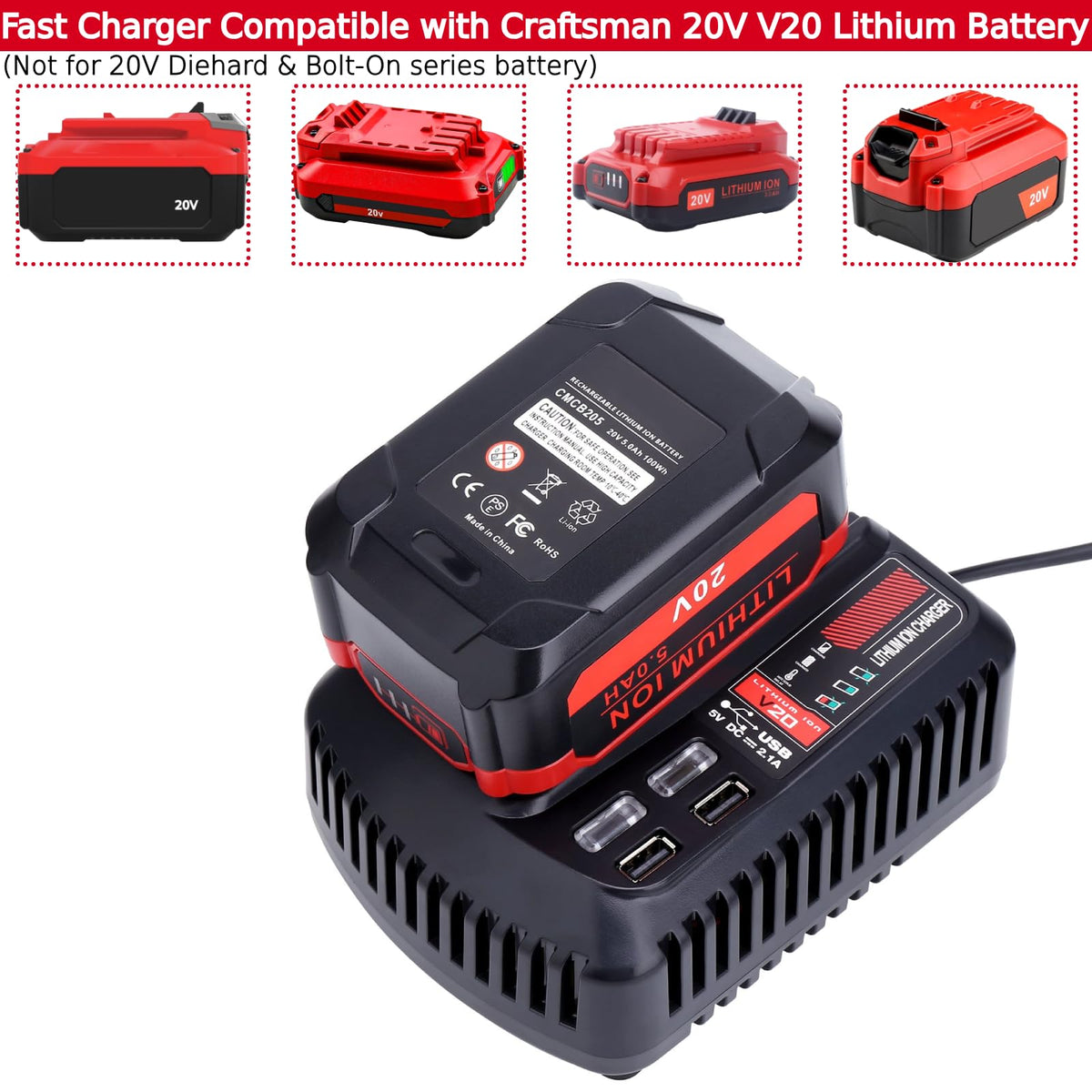 Tulepowceeng CMCB104 compatibility overview for multiple Craftsman V20 batteries, tested.