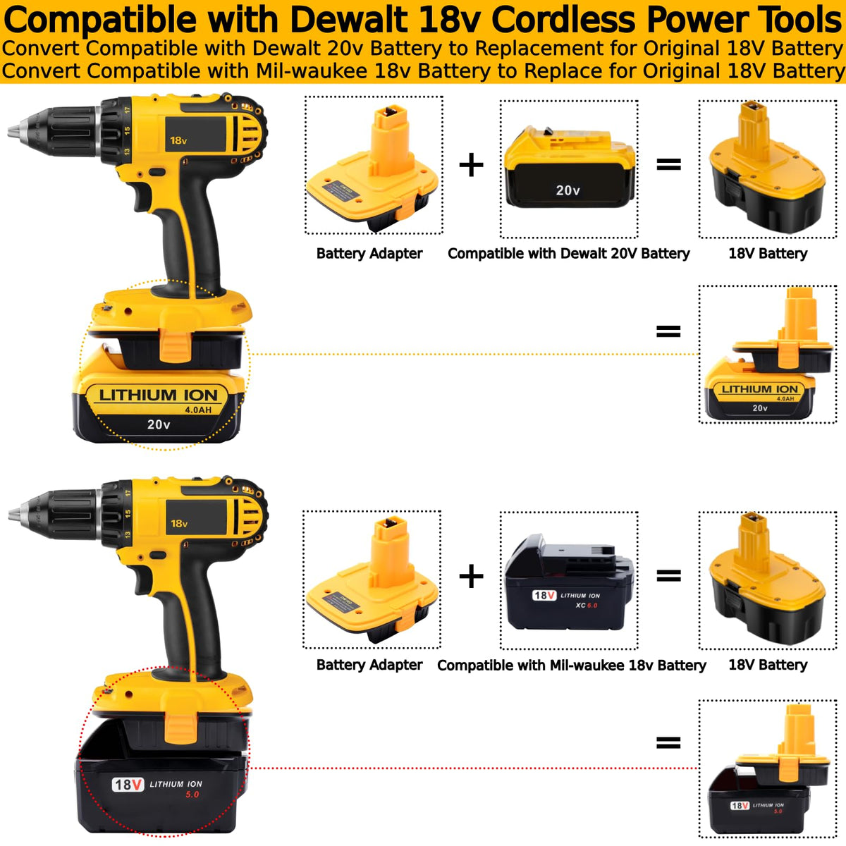 DM18D conversion setup converting a 20V battery to 18V for Dewalt tools