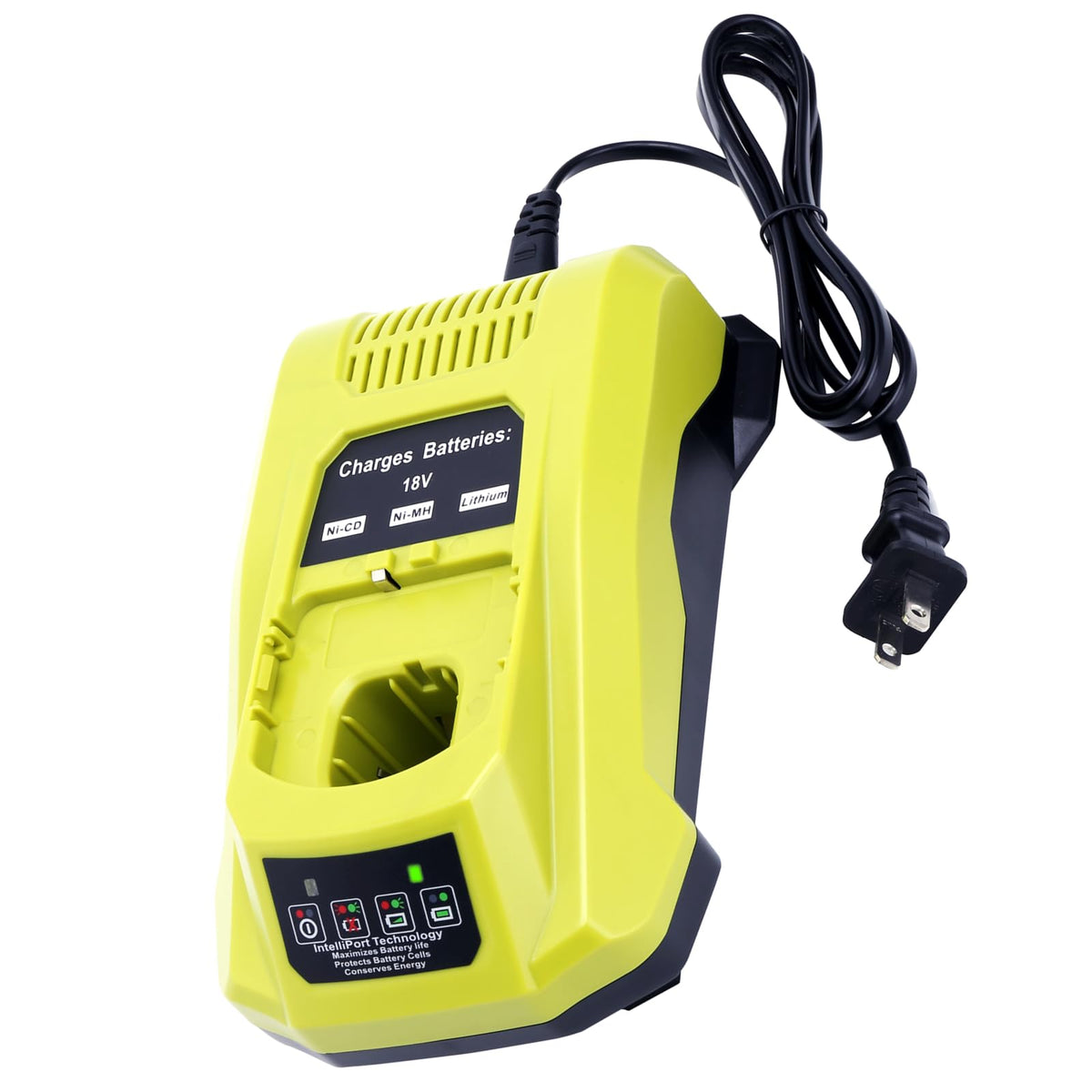 Tulepowceeng rapid charger for Ryobi 18V-12V batteries with clear LED status.