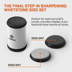 Tumbler Pro whetstones removable disc system enables customizable sharpening setups.
