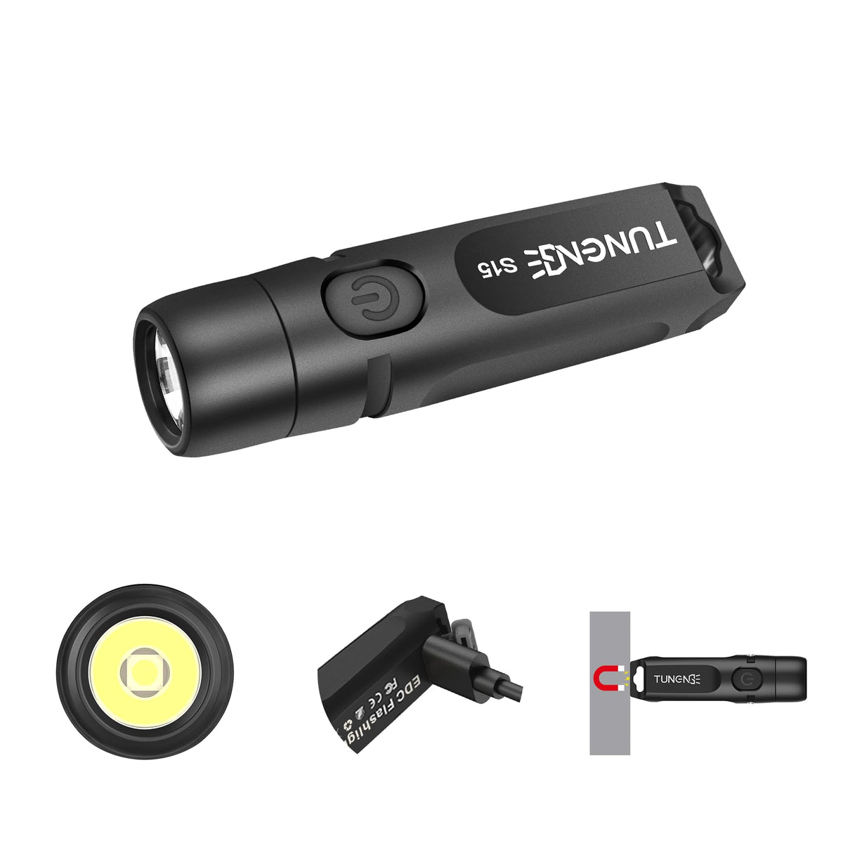 Tunenge S15 keychain flashlight front view, compact and bright for everyday carry.