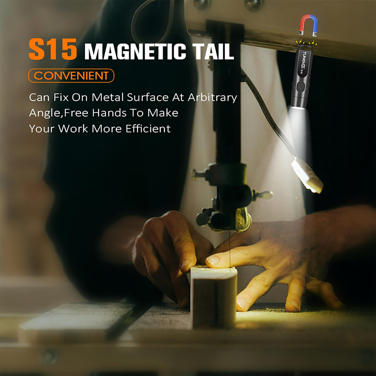 Tunenge S15 magnet tail enables hands-free use for car repairs at night.