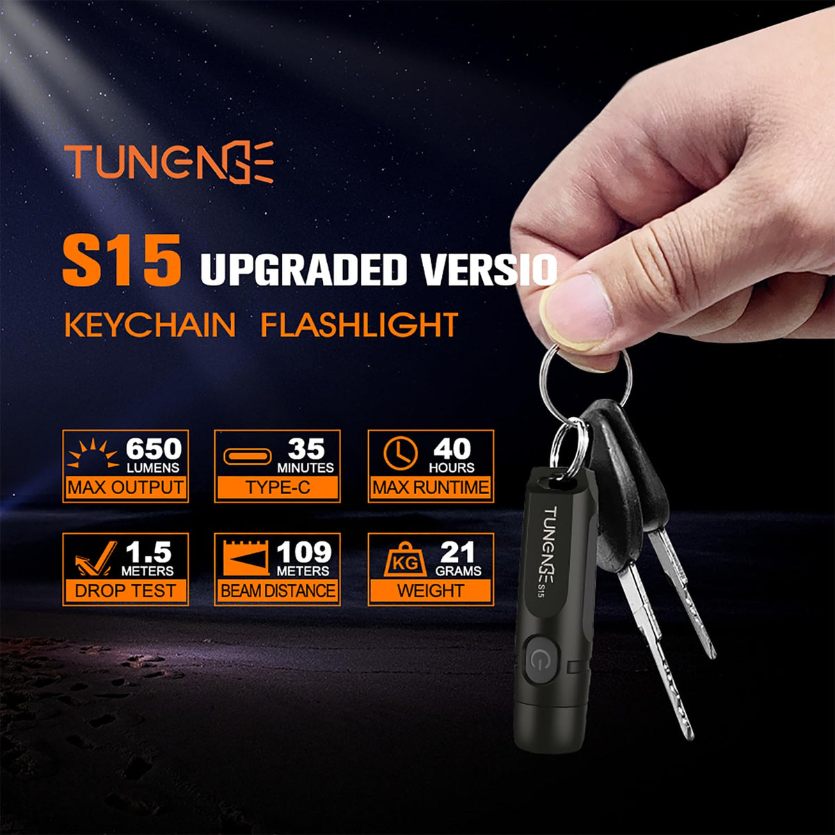 Tunenge S15 keychain flashlight side view, pocketable power for night walks.