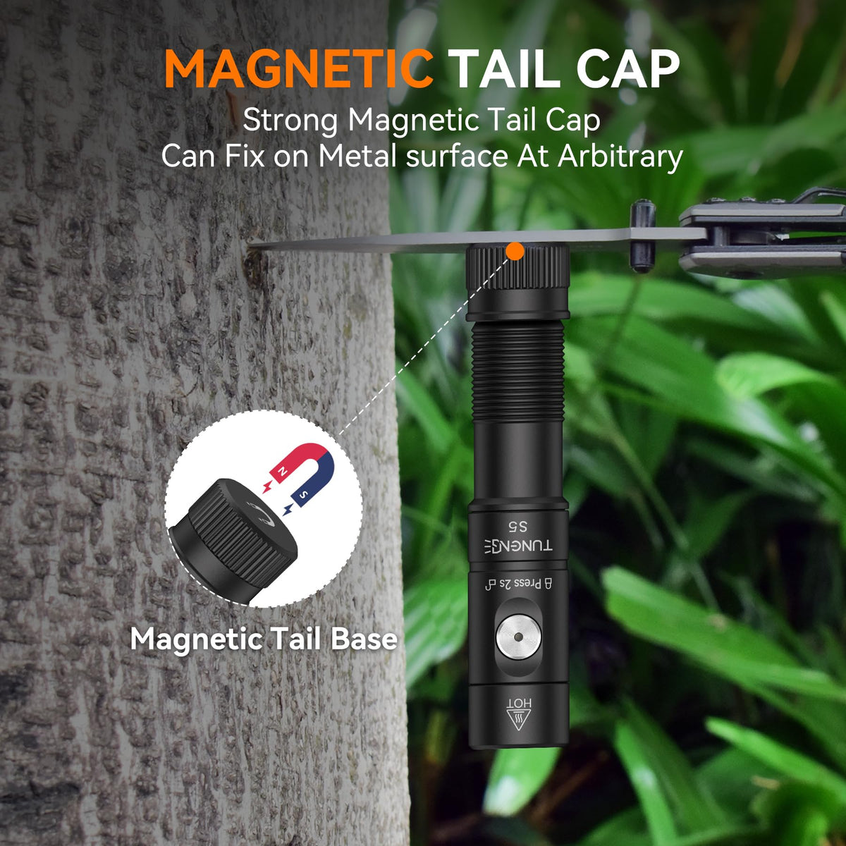 Tunenge S5 magnetic tail provides hands-free workspace lighting.