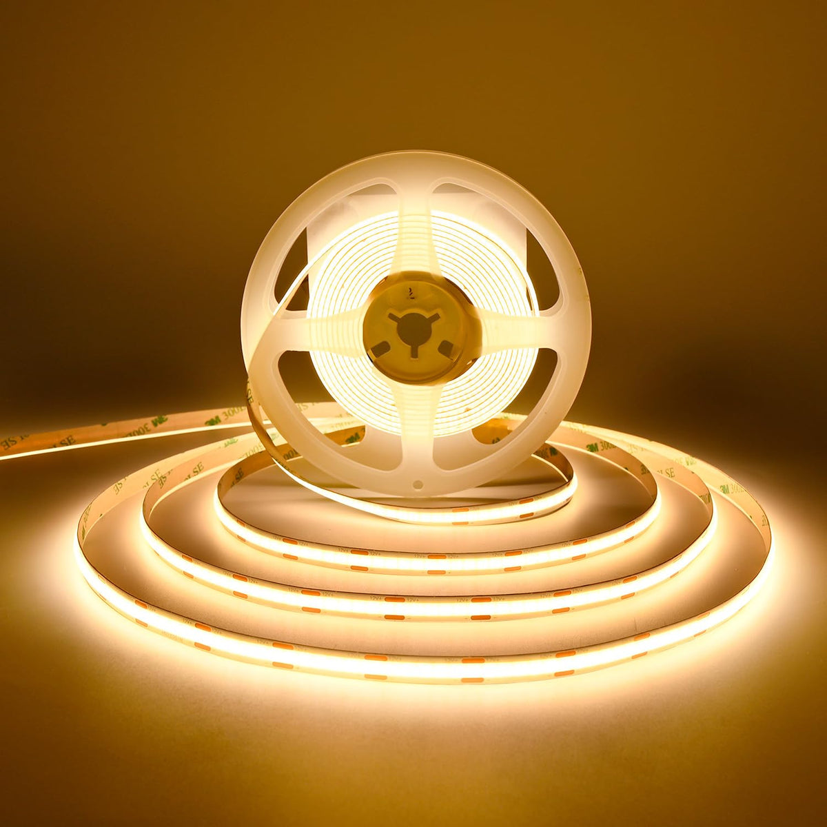 Tunichx COB LED strip emits warm 3000K light for cozy spaces.