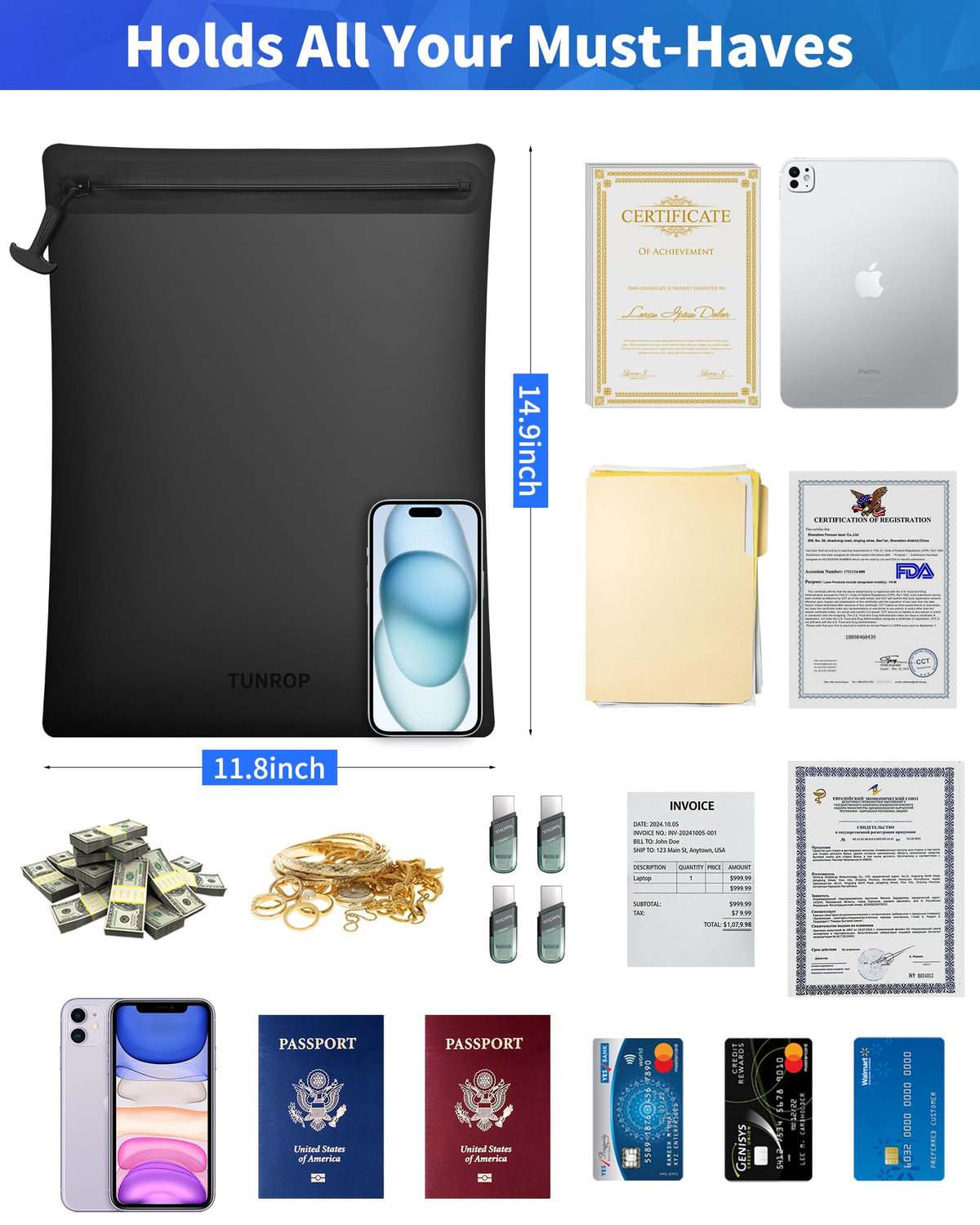 Tunrop IPX8 dimensions 15.3x11.8 inches with compact profile for travel.