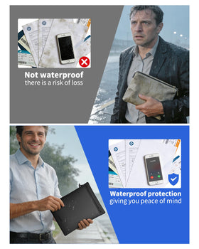 Tunrop IPX8 documents inside dry pouch during rain, showing all-weather protection.