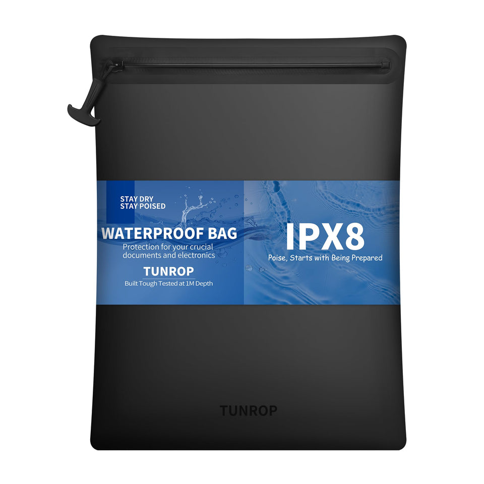 Tunrop IPX8 waterproof document bag open reveals dry interior protecting documents.