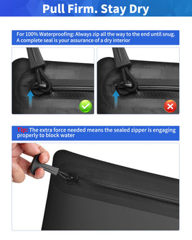 Tunrop IPX8 waterproof zipper close-up demonstrates airtight seal for moisture protection.