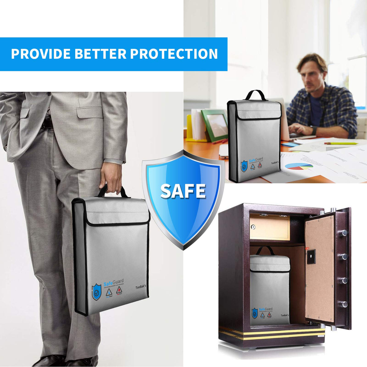 TuoBak's fireproof bag dimensions 15.8x12.6x2.5 inches illustrate ample capacity