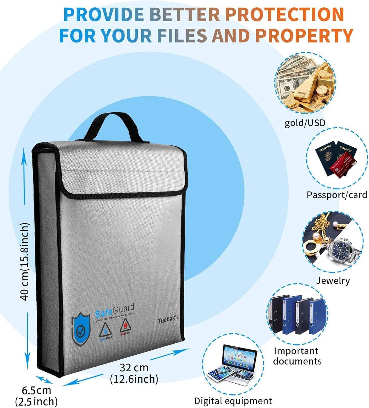 TuoBak's fireproof bag inside view reveals spacious compartments for documents