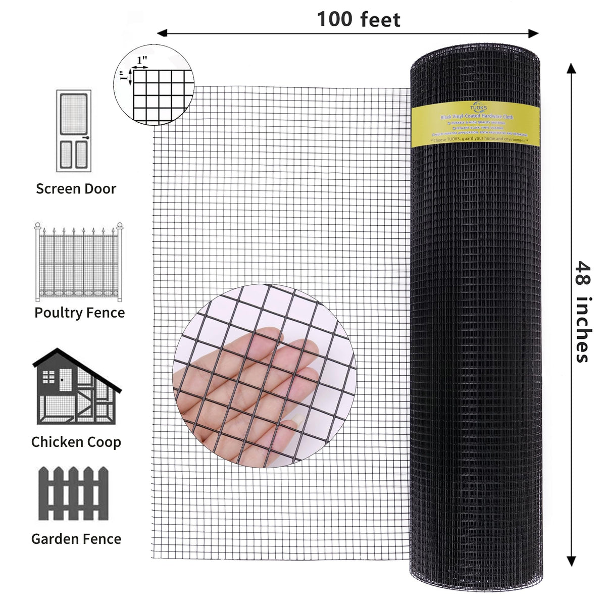 TUOKS 1-inch square mesh blocks small animals while allowing airflow.