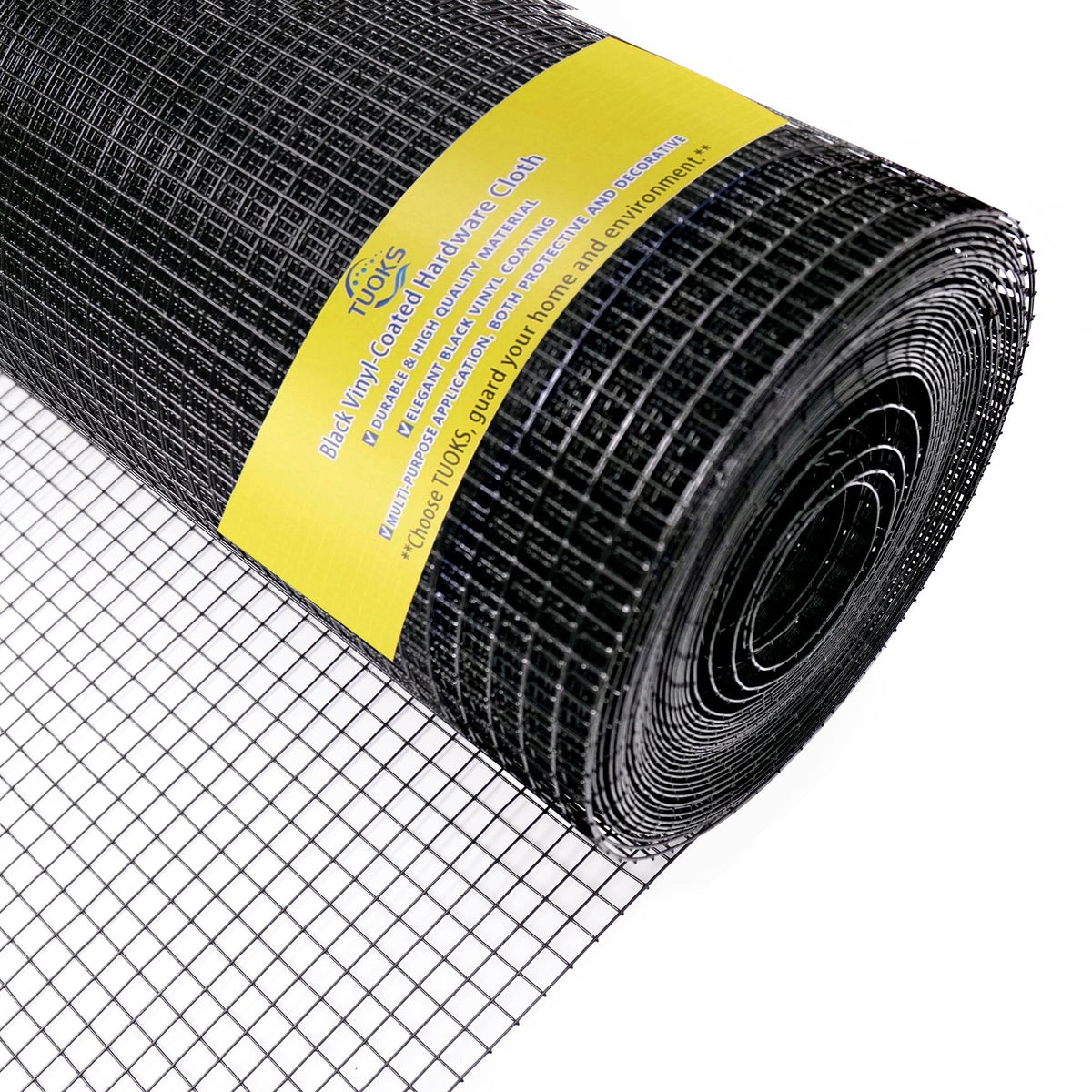 TUOKS chicken wire fencing roll with black vinyl coating for rust resistance and outdoor durability.