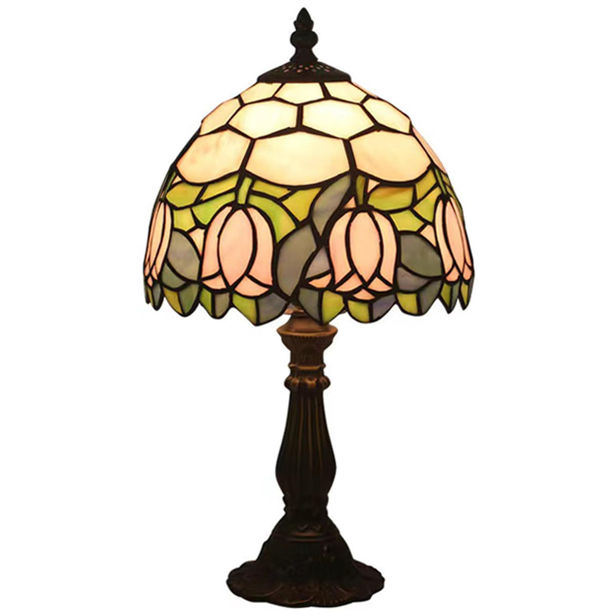 tuomoxte Tiffany table lamp pink tulip pattern glows softly for a cozy ambience.