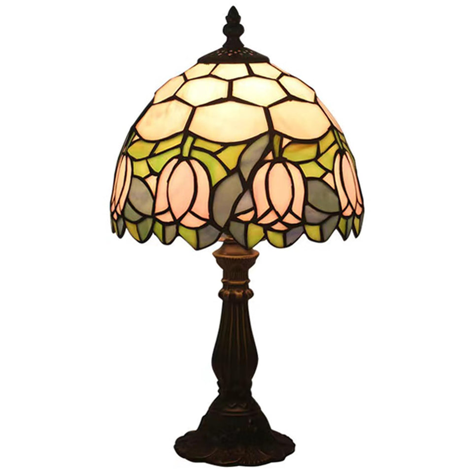 tuomoxte Tiffany table lamp pink tulip pattern glows softly for a cozy ambience.