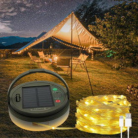 TuoPuLife solar camping lights with 32.8 ft string glow for cozy outdoor ambience
