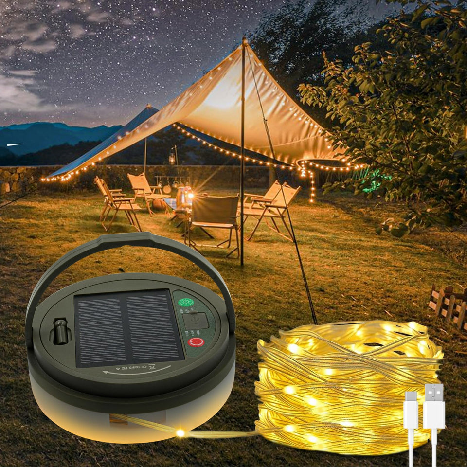TuoPuLife solar camping lights with 32.8 ft string glow for cozy outdoor ambience