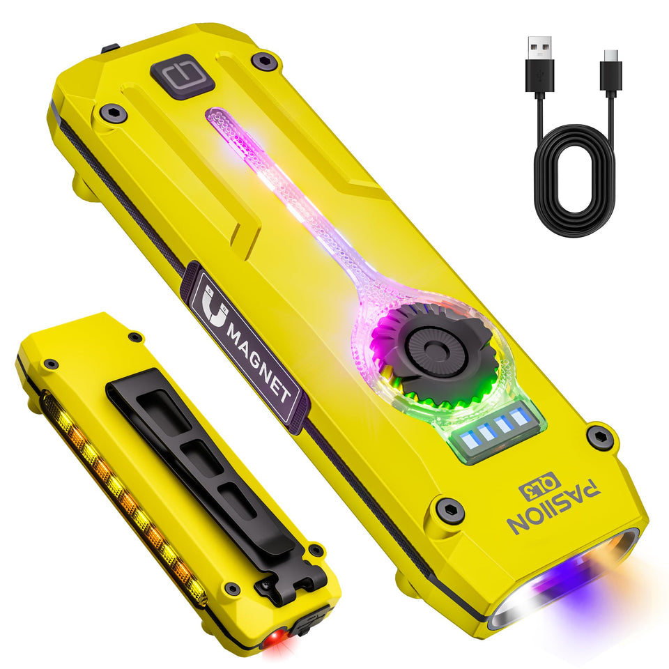 TUOWEE U V Flat EDC flashlight front view beam delivering wide illumination.
