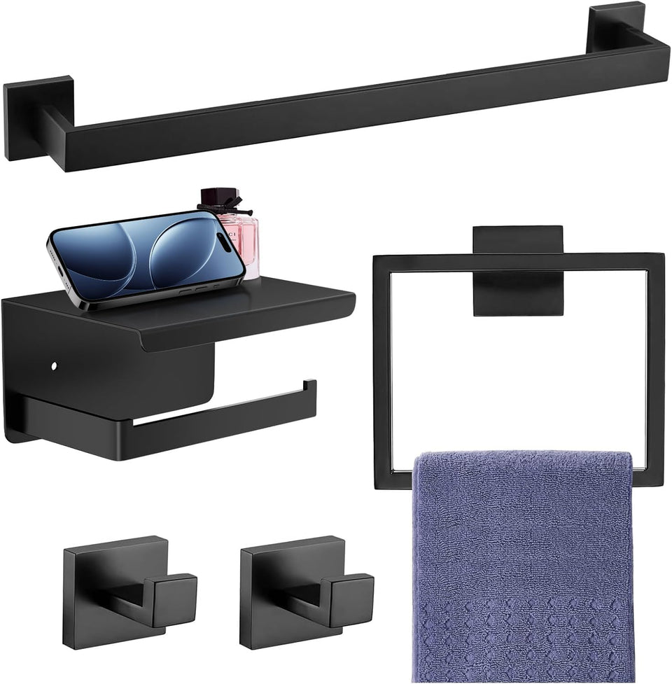 Tupello 16-inch towel bar in matte black for durable bathroom organization.