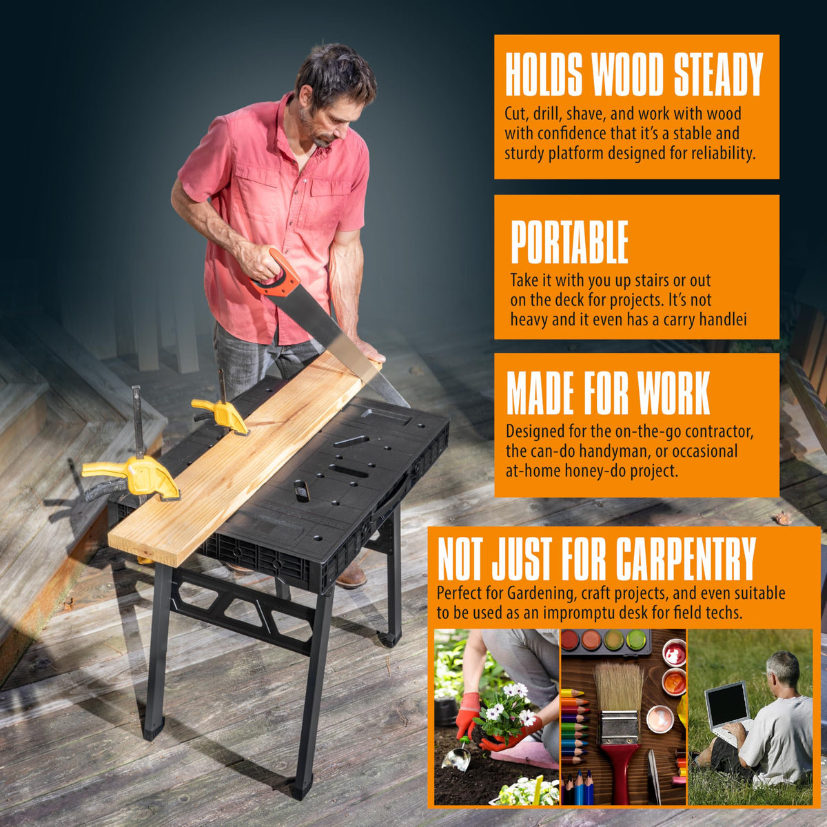 Turboforce portable workbench showing compact design for garage or outdoor use.