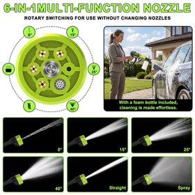 TurfPro cordless washer car cleaning setup shows gentle to strong pressure options.