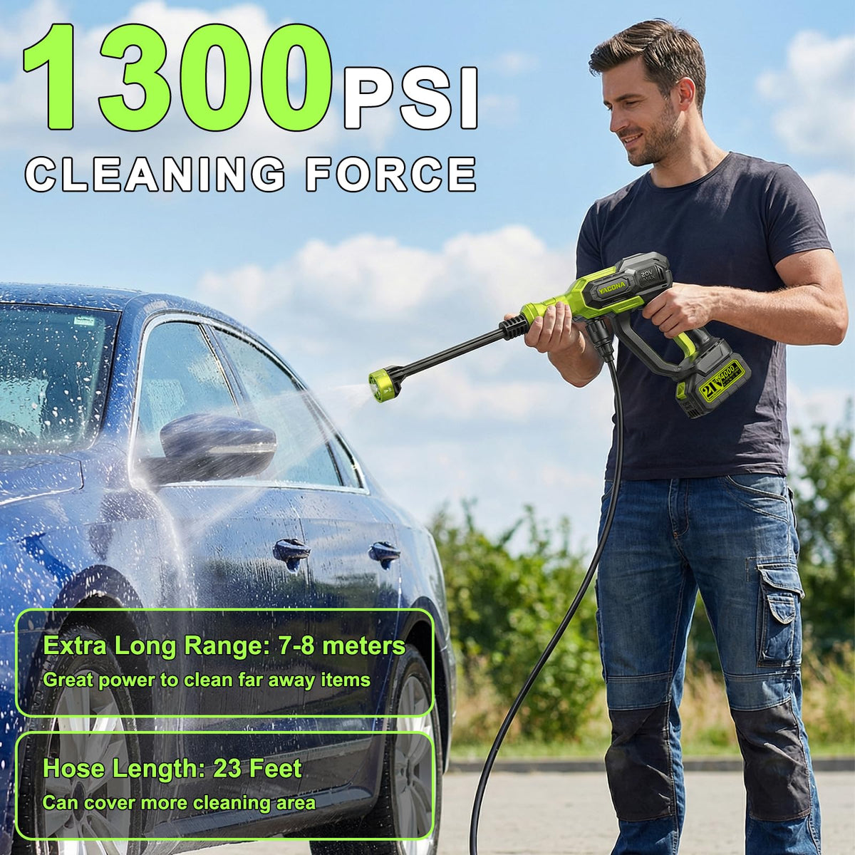 TurfPro cordless washer hose demonstrates flexible 23 ft reach for versatile outdoor cleaning.