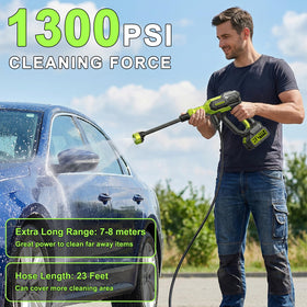 TurfPro cordless washer hose demonstrates flexible 23 ft reach for versatile outdoor cleaning.