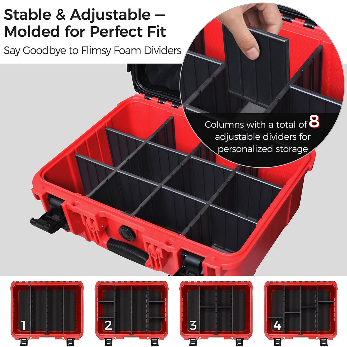 Turokacase Milwaukee battery case interior with eight adjustable dividers keeps items organized.